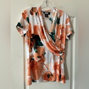 DKNY Women's Floral Wrap Blouse - Peach and Green Size Large